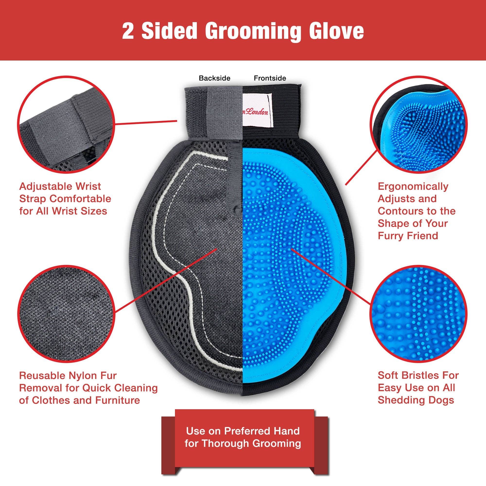 Warren London Dog Products - 2 in 1 Pet Grooming Glove for Dogs & Cats - Double Sided